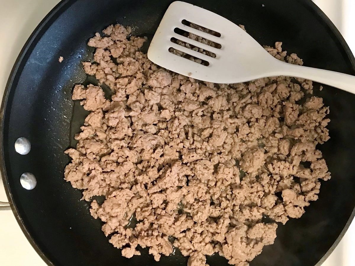 browned ground turkey in a skillet