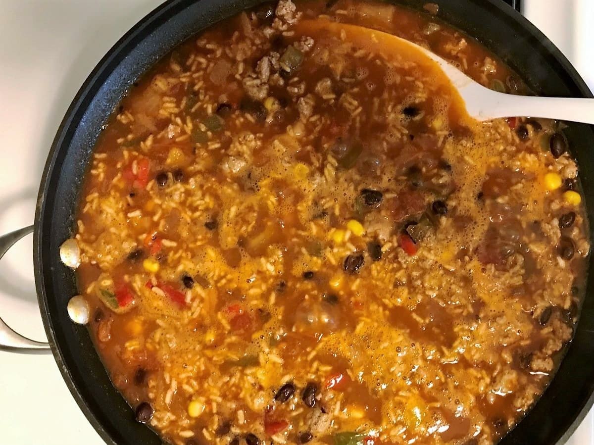 cooking turkey taco skillet, brown rice added