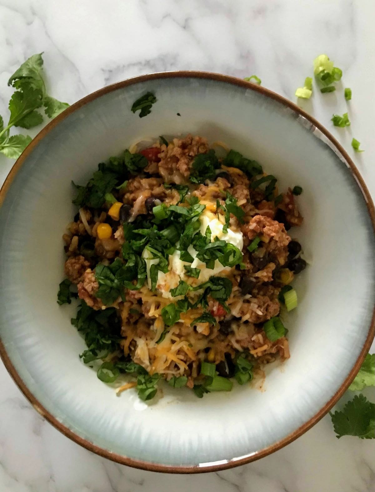 turkey taco skillet in a bowl with shredded cheese, sour cream, chopped cilantro and green onions on top
