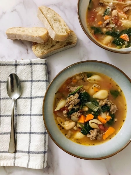 Italian Sausage and Vegetable soup in a bowl.